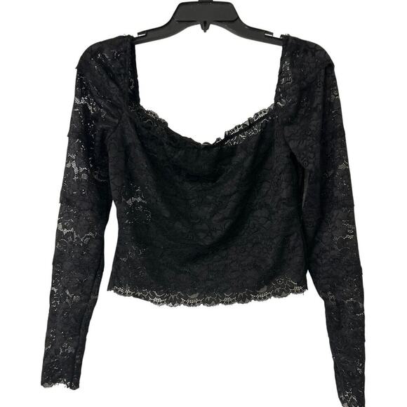 Guess Black Sheer Lace Square Neck Puff Sleeve Crop Top Whimsigoth Coquette M - Picture 2 of 12